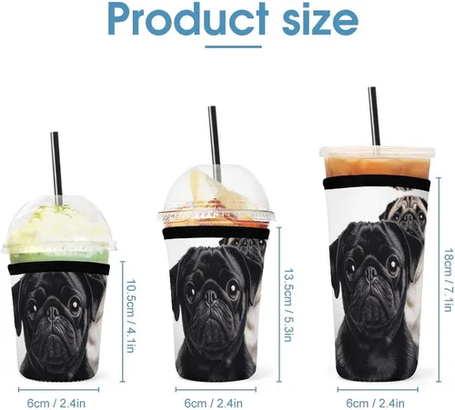 Vista 2 de Cute Black Pug Dog Reusable Insulated Neoprene Iced Coffee Cup Sleeves 3 Sizes Diving Material Cup Durable Beverage Covers for Cold Coffee Tea Drinks