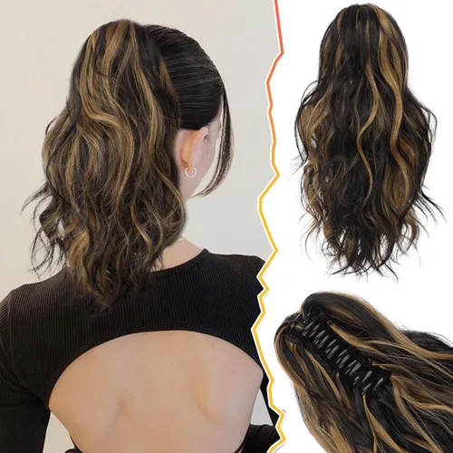 Vista 8 de BARSDAR Extensiones de cola de caballo con clip de garra, extensiones de cabello corto ondulado negro de 14 pulgadas para mujer, extensiones