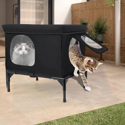 Vista 8 de Casa para gatos al aire libre, resistente a la intemperie, aislada, para gatos con cojín acogedor, refugio elevado para gatos al aire libre