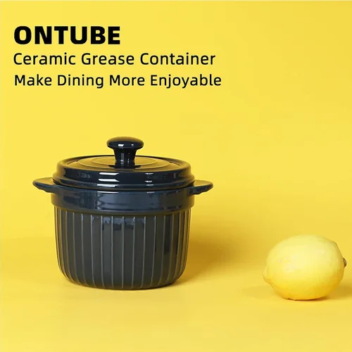 Vista 7 de ONTUBE - Contenedor de grasa de tocino de cerámica con colador, azul marino 17oz