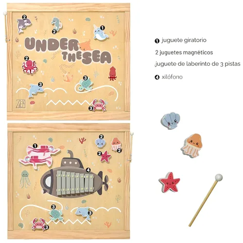 Vista 4 de Corralito de madera extragrande para niños pequeños y bebés - Diseño de juguete con tema Bajo el Mar - (8/10) Paneles de madera - Corralito plegable