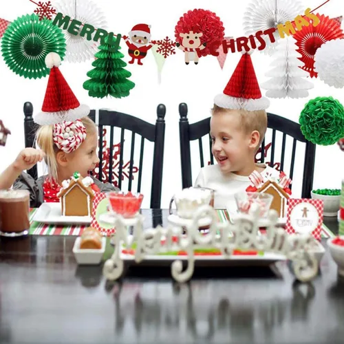 Vista 3 de Cartel y pompones de Feliz Navidad, abanicos de papel y faroles para Navidad, decoración de fiestas para Navidad, suministros de fiesta de Año Nuevo
