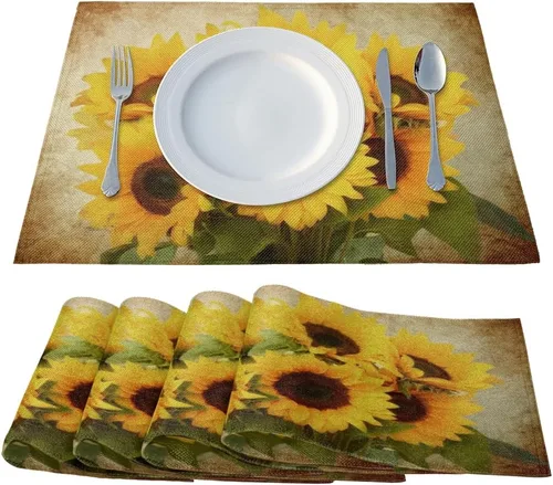 Vista 2 de Juego de 6 manteles individuales vintage de girasol, manteles individuales cuadrados de 12 x 18 pulgadas, para mesa de cocina, resistentes al calor