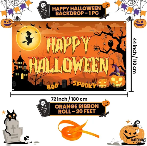 Vista 2 de KatchOn Pancarta espeluznante de Feliz Halloween, extragrande, 72 x 44 pulgadas, telón de fondo naranja de fotos de Halloween para decoraciones