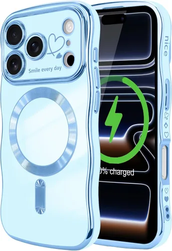 Vista 9 de LCHULLE - Funda magnética para iPhone 13 para mujeres y niñas, con forma ondulada, color azul bebé [Compatible with MagSafe] Cute Curly Wave, Love
