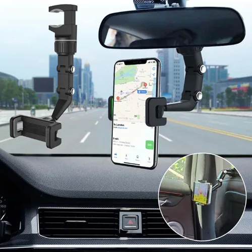 Vista 3 de Soporte de teléfono para espejo retrovisor ajustable de 360°, soporte para teléfono celular de automóvil, multifunción, estable, para automóvil