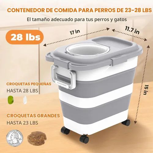 Vista 2 de HOYTAMDAR Recipiente para almacenamiento de alimentos para perros de 25-28 libras, recipiente plegable para alimentos de perro, ruedas, asa