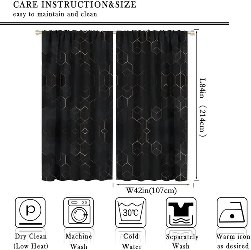 Vista 70 de Cortinas Negras con Dobladillo Dorado, Cortinas Opacas con Bolsillo para Barra con Estampado de Rayas de Foil en Onda Dorada para Decoración de Negro