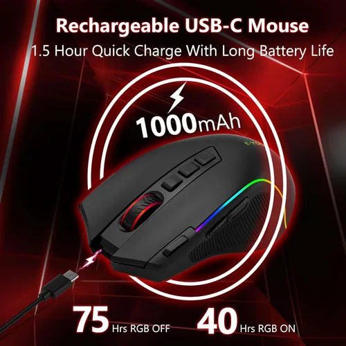 Vista 7 de E-YOOSO - Ratón inalámbrico Premium Bluetooth versátil, 8000 DPI, 6 retroiluminado RGB, USB C recargable, ergonómico, 2.4G/BT/con cable, tecla