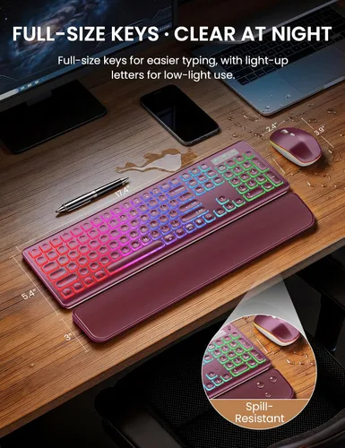 Vista 8 de Wireless Keyboard and Mouse Combo, RGB Backlit, Rechargeable & Light Up Letters, Full-Size, Soft Typing, Sleep Mode, 2.4GHz Quiet Keyboard Set for