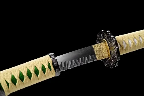 Vista 5 de Espada japonesa Oda Nobunaga Tachi de acero de Damasco con patrón de piedra de hoja samurái, espada completa de oro verde muy afilado, arma genial