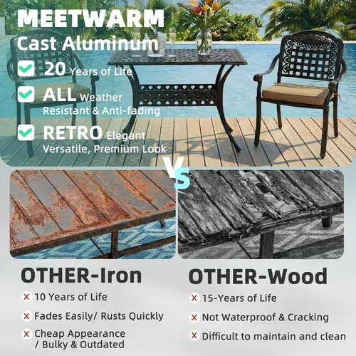 Vista 4 de MEETWARM Juego de 3 piezas de muebles de comedor de aluminio fundido para todo tipo de clima, incluye 2 sillas acolchadas y una mesa rectangular