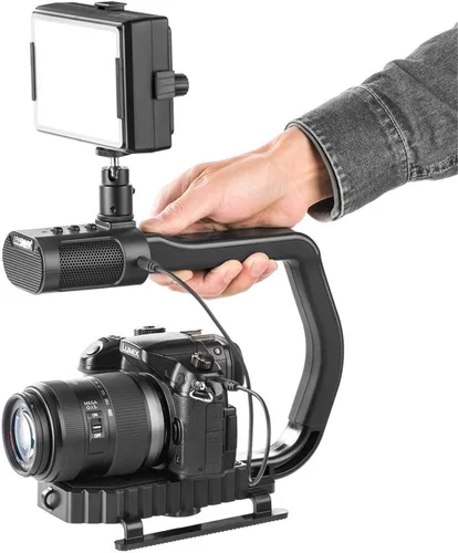 Vista 5 de [Renovado] Agarre de mango de video con micrófono integrado para DJI OSMO, estabilizador de mano universal de cámara Sevenoak Micrófono estéreo