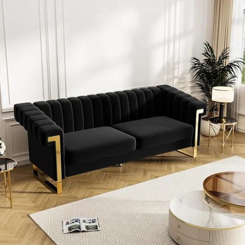Vista 4 de Sofás de terciopelo de 83 pulgadas para sala de estar, cómodos sofás tapizados de 3 plazas para apartamento moderno para espacios pequeños (negro)