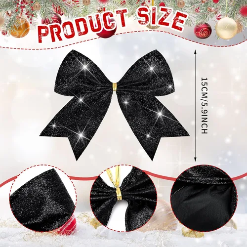 Vista 3 de Cindeer 24 piezas lazos de Navidad negros de 6 x 6 pulgadas, adornos navideños con purpurina lazos con lentejuelas para árbol de Navidad, corona