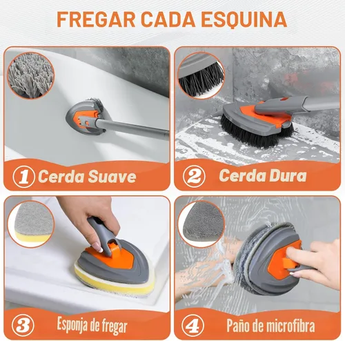 Vista 3 de Eazer Cepillo de limpieza de tina de mango largo 4 en 1 - Cepillo de limpieza de baño versátil con limpiador de ducha - Cepillo limpiador de ducha