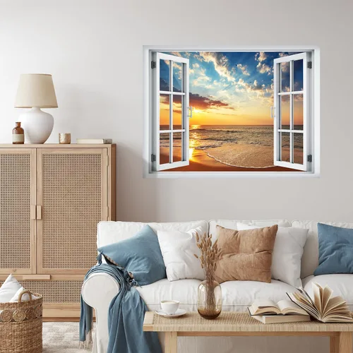 Vista 32 de wall26 Adhesivo decorativo para pared, loros verdes sentados en la rama afuera, ventana abierta, no se pega ni se pega, papel tapiz no tejido