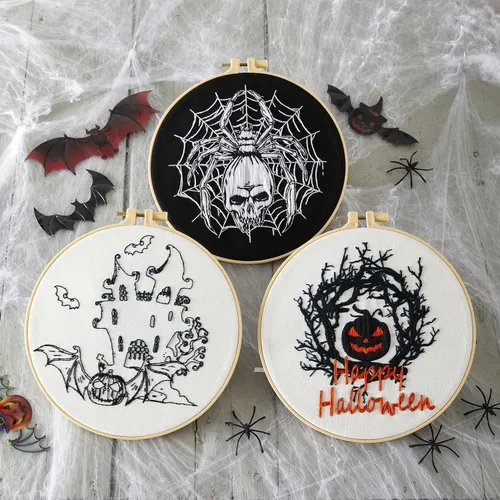 Vista 2 de Armindou Kit de bordado de Halloween para principiantes y adultos, kit de punto de cruz estampado para adultos principiantes, kit de bordado a mano