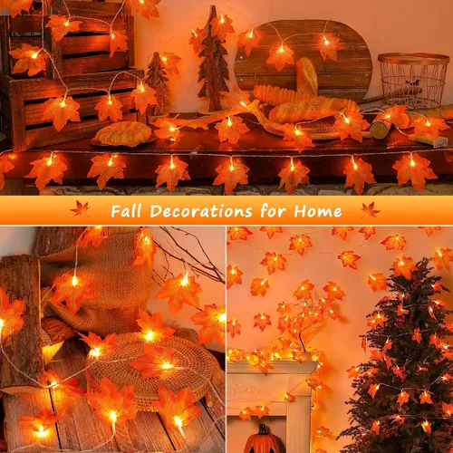 Vista 7 de Paquete de 2 decoraciones de otoño para el hogar, luces de otoño que funcionan con pilas, total de 20 pies, 40 luces LED de hoja de arce con cadena
