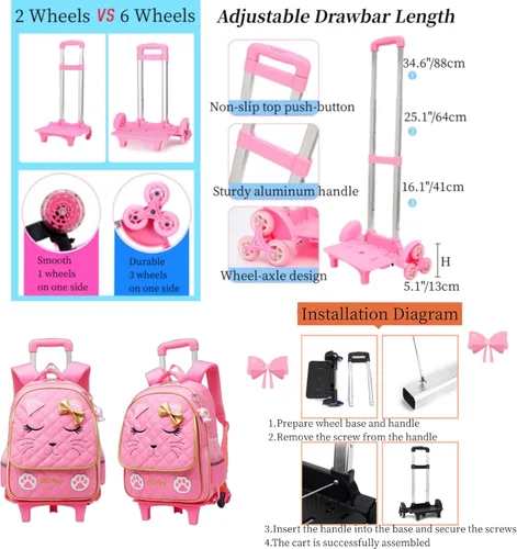 Vista 3 de MITOWERMI Mochila con ruedas para niñas, mochila escolar con cara de gato, mochilas con ruedas, equipaje de viaje de mano, A-2 Ruedas