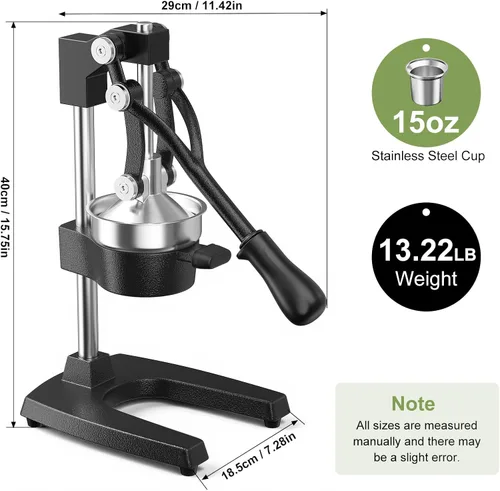 Vista 2 de Exprimidor manual de hierro fundido, exprimidor de mano comercial con taza de acero inoxidable, exprimidor manual de alta resistencia, prensa