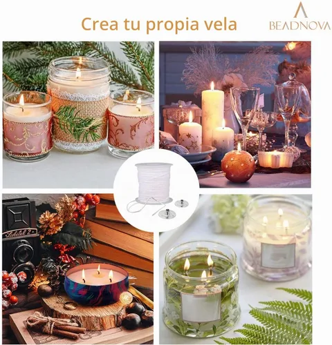 Vista 5 de BEADNOVA Carrete trenzado de mecha de vela con juego de base, rollo de cuerda de vela de algodón de 200 pies y 300 clips de mecha, pestañas