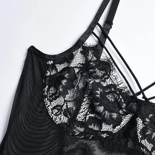 Vista 6 de Babydoll - Lencería sexy de encaje largo para mujer camisón de peluche bralette de malla para dormir
