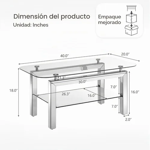 Vista 2 de Mesa auxiliar rectangular con parte superior de vidrio con patas de espejo plateadas para sala de estar, moderna y glamorosa mesa de vidrio templado
