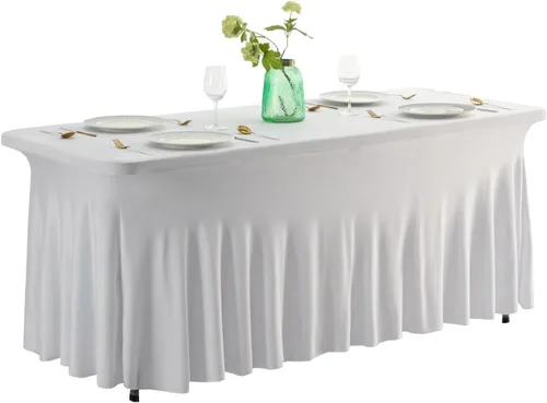 Vista 8 de Falda de mesa de poliéster ajustable de una pieza de elastano, mantel rectangular resistente a las arrugas para eventos de bodas, fiestas