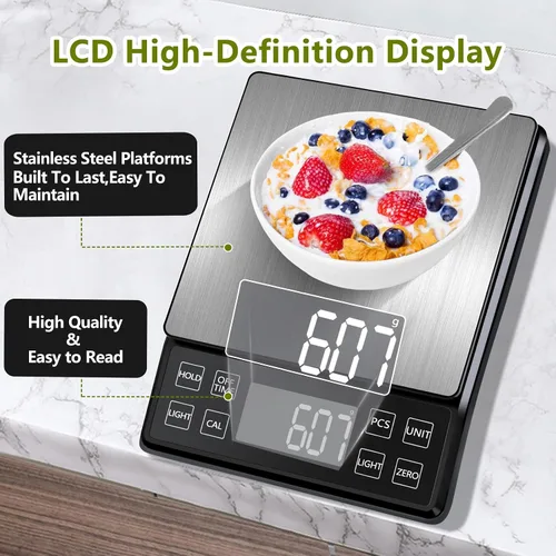 Vista 4 de Báscula digital de alimentos con 0.01 oz/0.1 g de alta precisión, báscula de cocina de 11 lb/5 kg de capacidad, USB-C recargable, LCD con luz