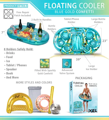 Vista 3 de POZA Hielera flotante inflable dorada – Lujoso soporte para bebidas relleno de confeti brillante, flotador de fiesta premium con 8 soportes, barra