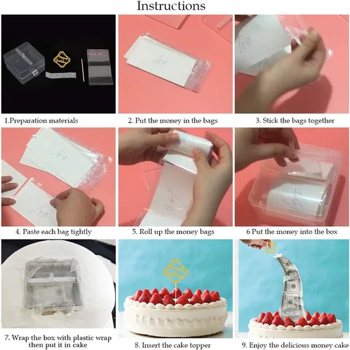 Vista 4 de Kit de extracción de dinero, caja de dinero de cumpleaños con 1 adorno para pastel de cumpleaños y 20 bolsas transparentes conectadas, decoración