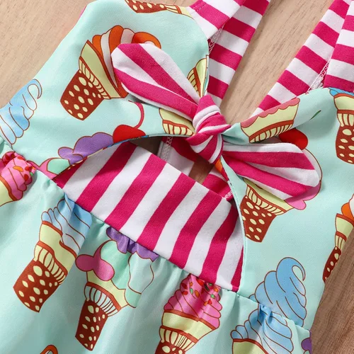 Vista 3 de Falda de verano para niñas pequeñas, con estampado de heladodinosaurio, sin mangas, correa sin espalda, vestido de 1 a 6 años