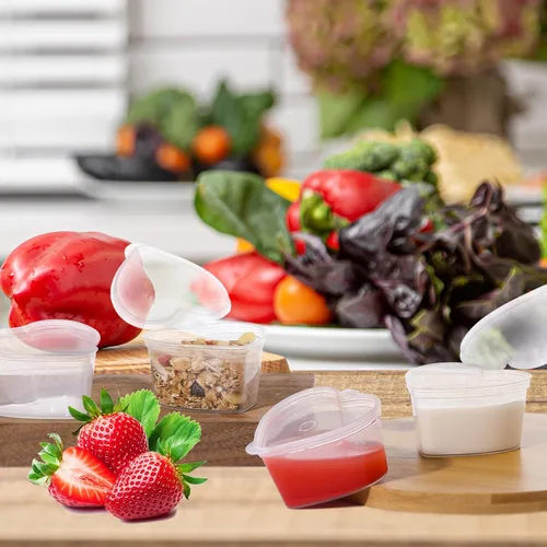 Vista 3 de 50 tazas de salsa desechables con tapas, vasos de plástico en forma de corazón de gelatina de 1.5 onzas, recipientes transparentes para aderezo