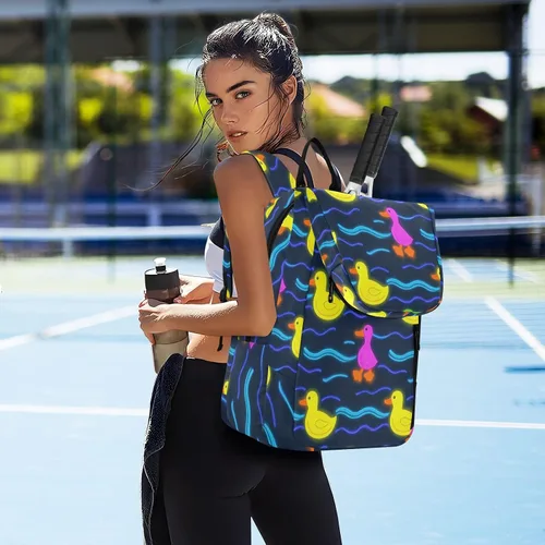 Vista 7 de Women Men Tennis Backpack Cute Sturdy Cute Animal Colorful Fluorescent Duckling 2 Rackets Padded Tennis Bag Gym Bag for Women, Men, Teenagers Tenis