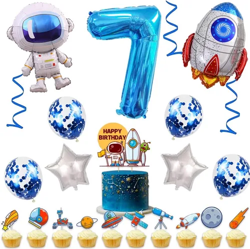 Vista 3 de Globos de cumpleaños de cohete de 7º astronauta, globo de fiesta de espacio exterior, globos gigantes de papel de aluminio de 32 pulgadas, globo