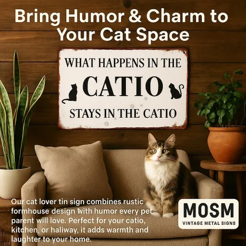 Vista 7 de Cartel de metal con diseño de hojalata de amante de gatos, "What Happens In The Catio Stays In The Catio", cartel divertido para casa de gatos