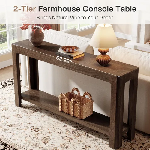 Vista 8 de Tribesigns - Mesa de consola de entrada de 63 pulgadas, mesa de sofá de 2 niveles estilo granja estrecha detrás del sofá, mueble de consola