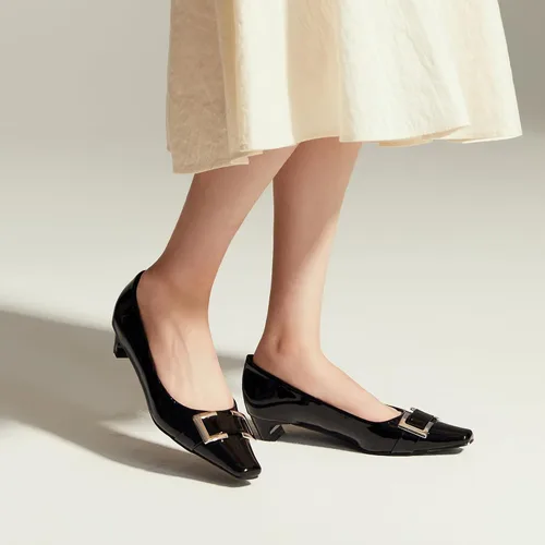 Vista 5 de C.Paravano Zapatos de tacón grueso con punta cerrada para mujer Tacones bajos de cuero Tacones bajos de punta cuadrada Zapatos de tacón de vestir