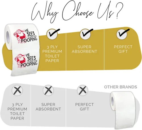 Vista 3 de Rollo de papel higiénico navideño con texto en inglés «He Sees You When You're Pooping», divertido papel higiénico, divertido regalo de Feliz