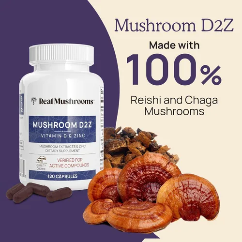 Vista 6 de Real Mushrooms Paquete de vitamina D2, zinc, chaga, reishi (120 unidades) y Cordyceps-M (120 unidades) – Apoyo inmunológico natural, energía