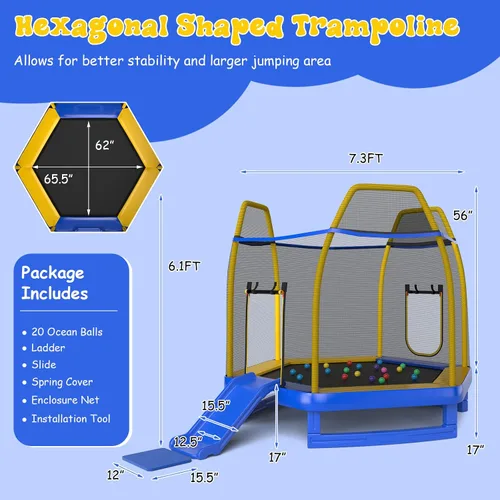 Vista 7 de Giantex - Trampolín para niños de 7 pies con escalera, tobogán, pelotas marinas, trampolín recreativo aprobado por ASTM con red y cubierta de resorte