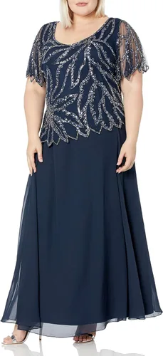 Vista 4 de J Kara Vestido largo de manga corta con cuentas de talla grande para mujer