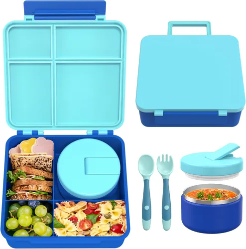 Vista 10 de Lonchera Bento con termo de sopa de 8 onzas, recipientes de almuerzo a prueba de fugas con 4 compartimentos, tarro térmico para comida caliente