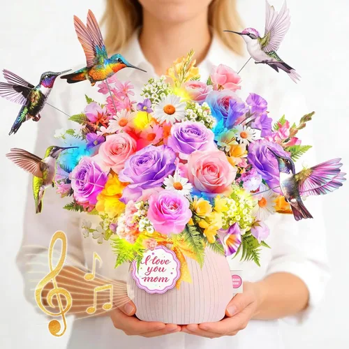 Vista 12 de MZD8391 Tarjetas de cumpleaños con música y luces, tarjeta de feliz cumpleaños, oso y margarita, ramo de flores de tamaño natural de 10 pulgadas