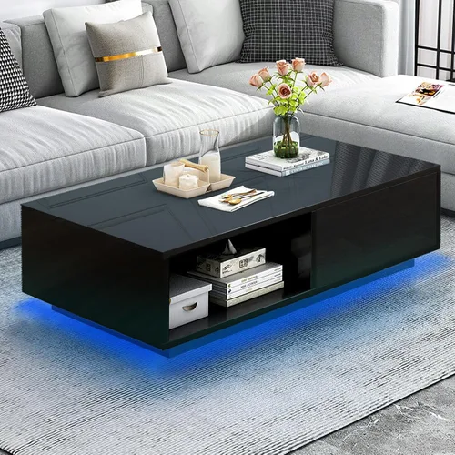 Vista 7 de COSVALVE Mesa de centro LED de alto brillo con cajón y luces LED de 16 colores, moderna mesa de centro para sala de estar con espacio de Negro