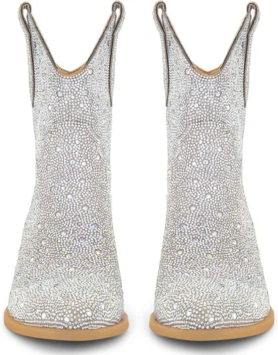 Vista 5 de STALOV Botas vaqueras cosidas para mujer, punta puntiaguda, tacón bajo y grueso, botas vaqueras occidentales bordadas