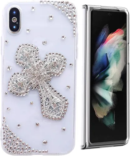 Vista 8 de Sparkle - Funda compatible con Samsung Galaxy Z Fold 3 5G, elegante funda 3D hecha a mano con diamantes de imitación de camelia, color negro