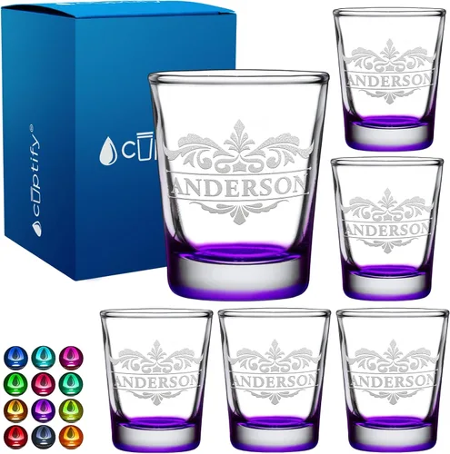 Vista 31 de Vaso de chupito personalizado con nombre de círculo elaborado de 2 onzas, parte inferior negra grabada con texto personalizado para regalos, bodas