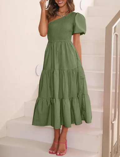 Vista 5 de Chriselda Vestido casual de manga corta con un hombro fruncido para mujer, cintura alta, con volantes, vestido midi para fiesta